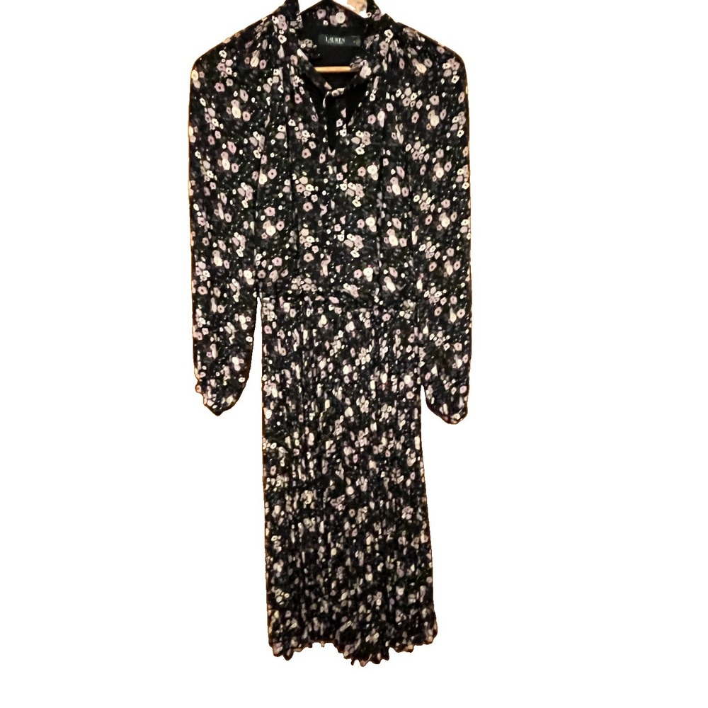 LAUREN RALPH LAUREN Women's Blk Floral Dress Ruffle Neck Pleated Skirt Midi Sz 4